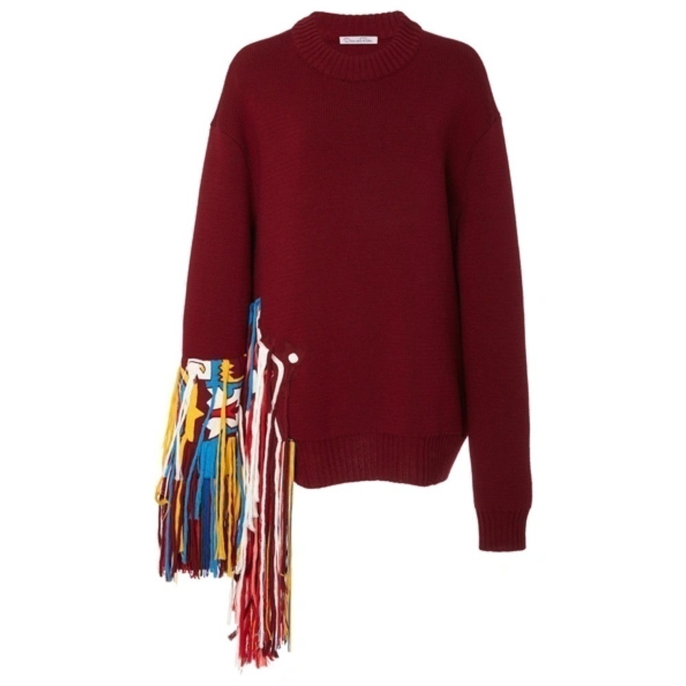 Oscar de la Renta Yarn Fringe Trim Wool Cashmere Sweater Burgundy